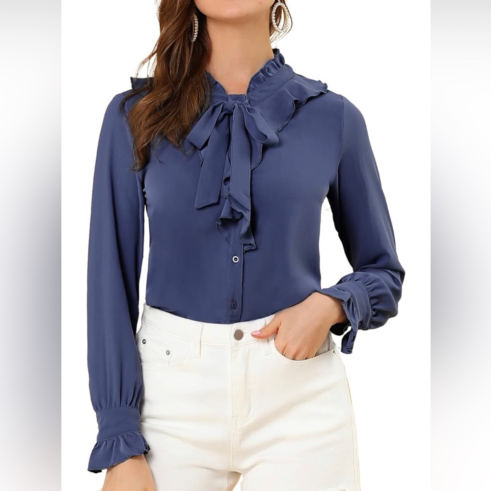 Blue Button-Up Top With Tis-Neck